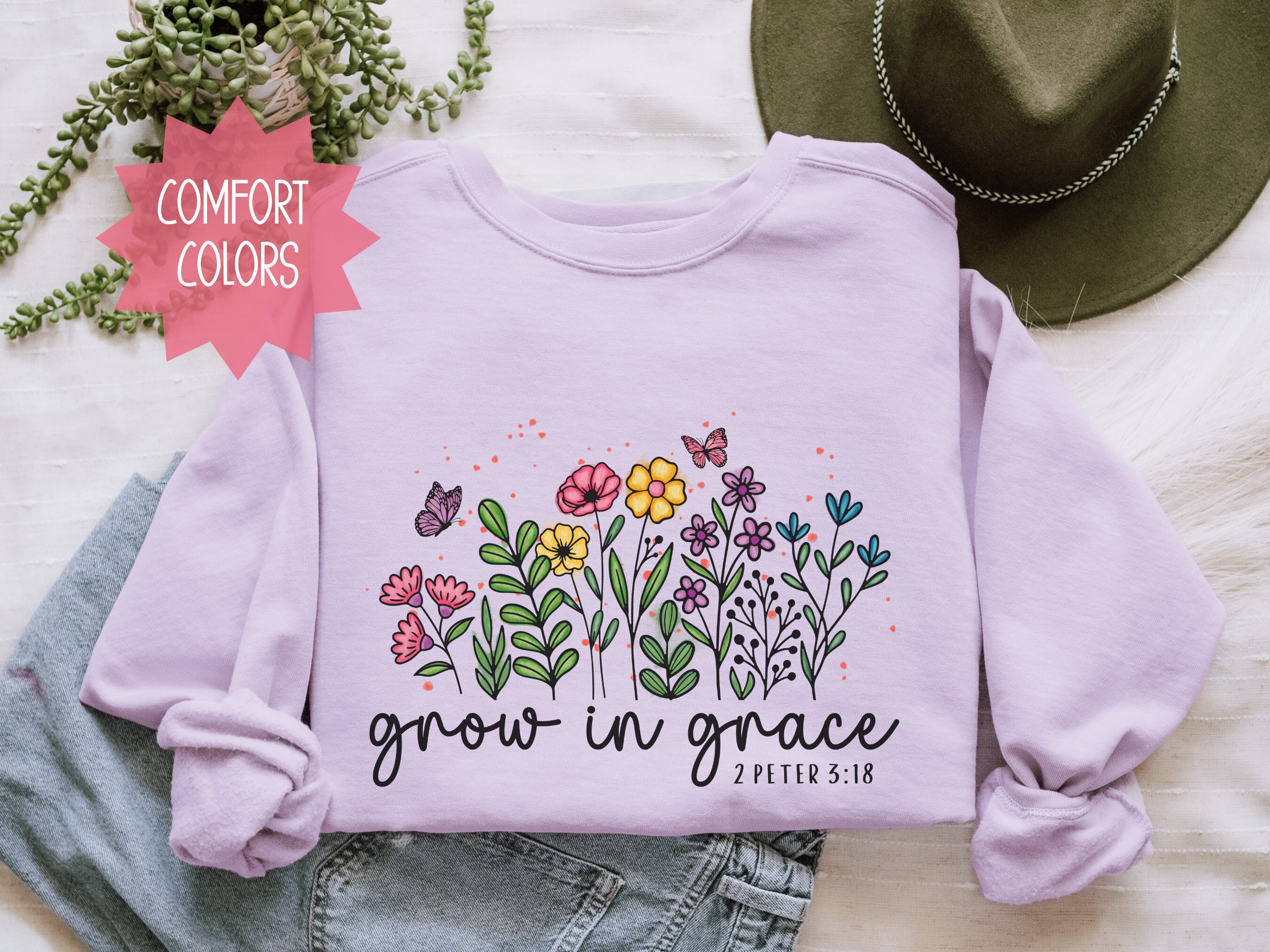 Christian Sweatshirt For Women, Comfort Colors Grow In Grace Crewneck, Trendy Bible Verse Shirt, Cute Christian Merch, Girls Christian Gift