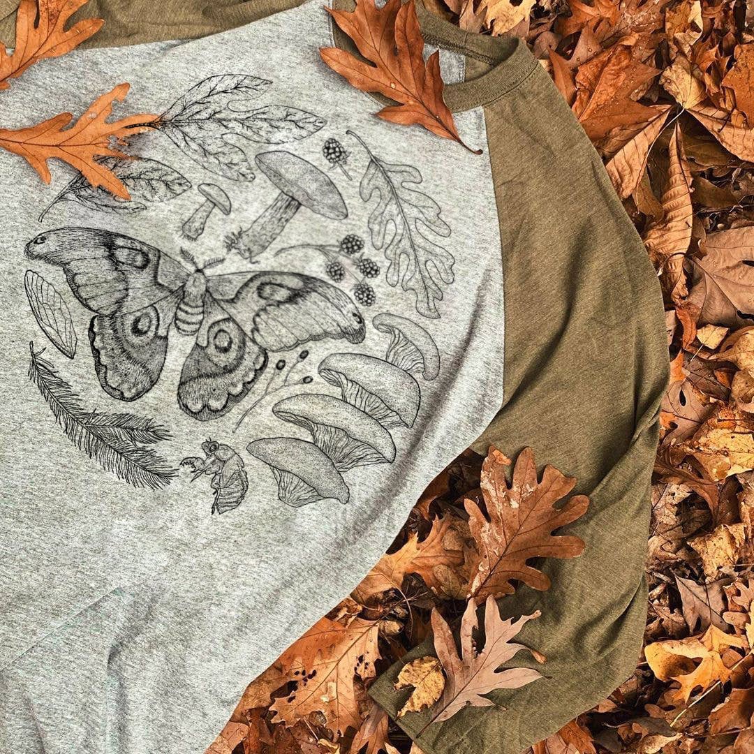 Summer Finds Nature Walk shirt moth mushrooms cicada oak leaf nature shirt