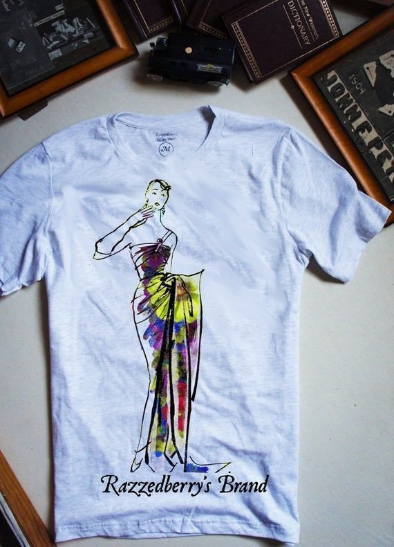 Vintage Runway Fashion Style Design Shirt Turing A Retro Sketch Of A Woman In Flowing Shirt