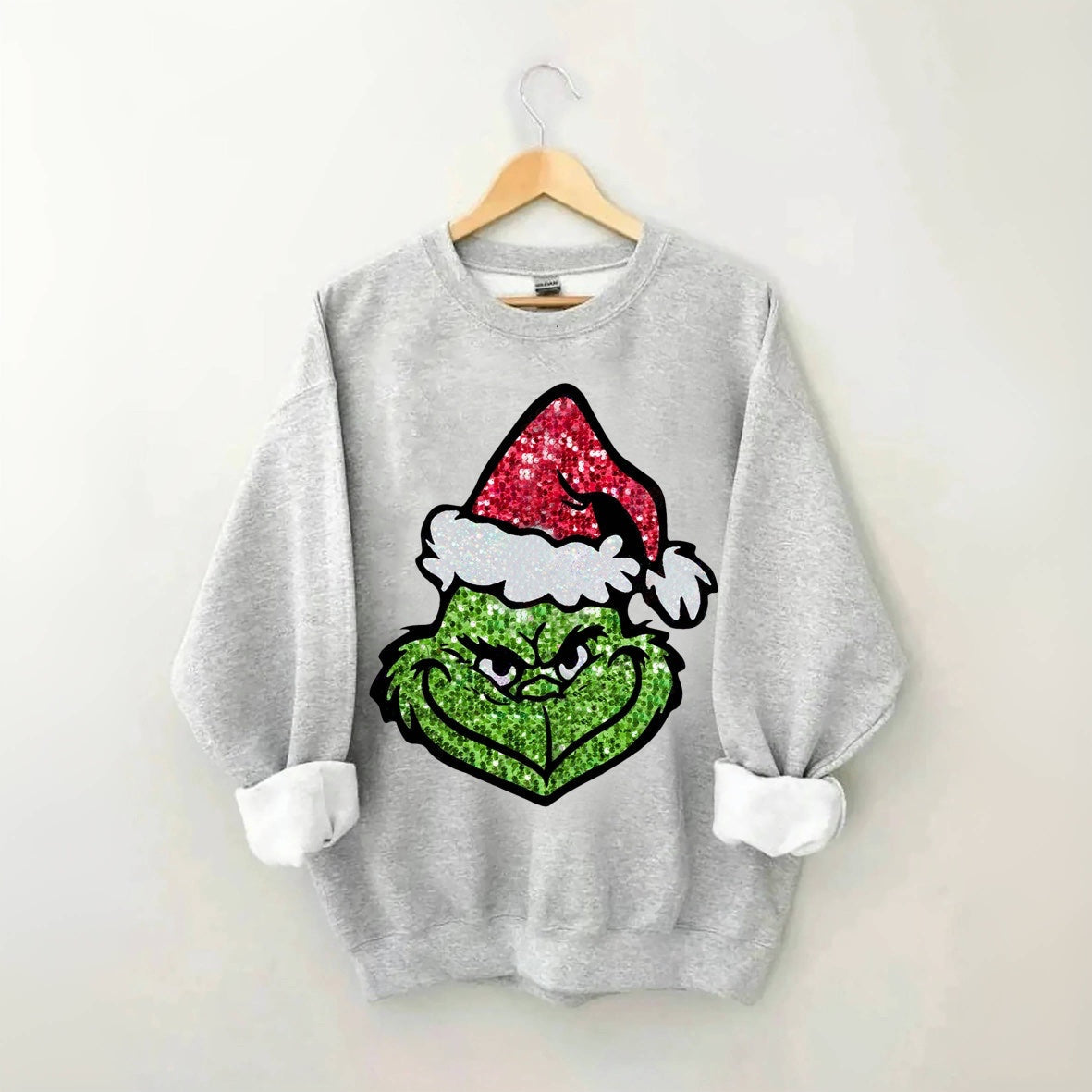 Sequin Grinch Face Print Sweatshirt