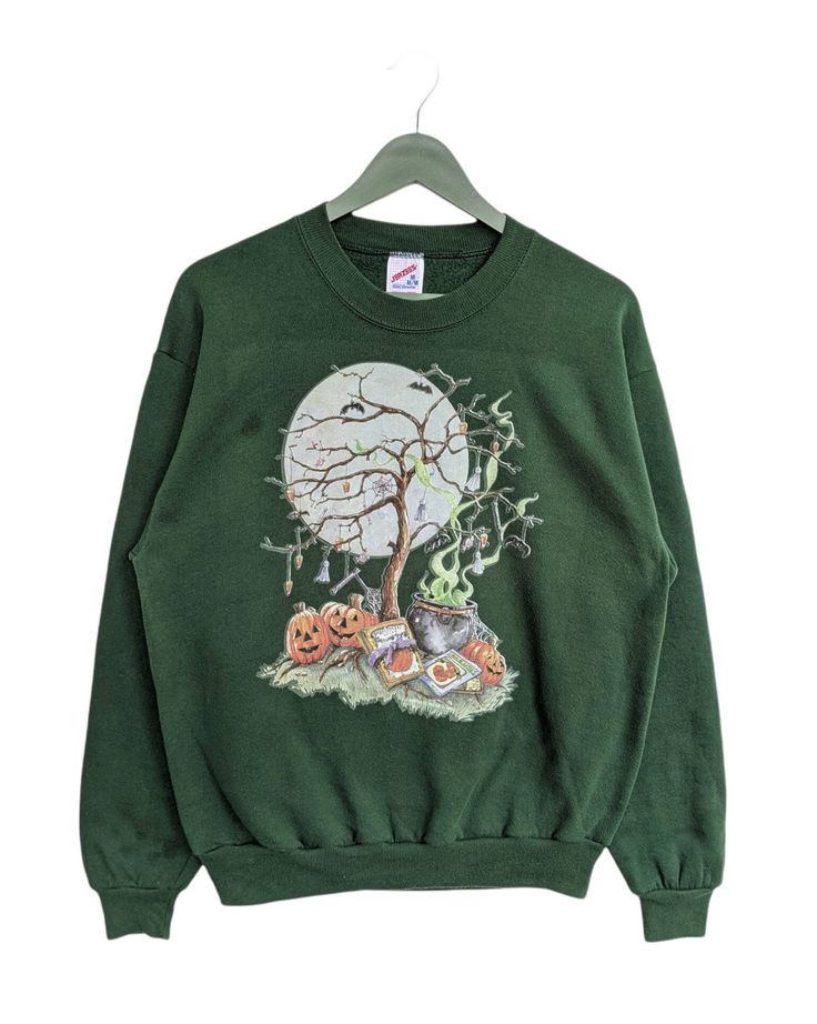 Vintage 90s Halloween Print Sweatshirt/Green Colour/Made In Usa/Crewneck/Long Sleeve/Pullover/Big Print/Spooky/Festival, Halloween Costume Ideas, Shirt Outfit Ideas