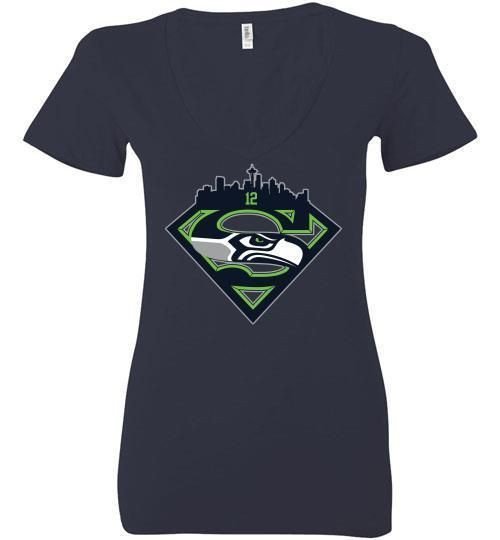 Seattle Seahawks Superman Logo Ladies  V-Neck