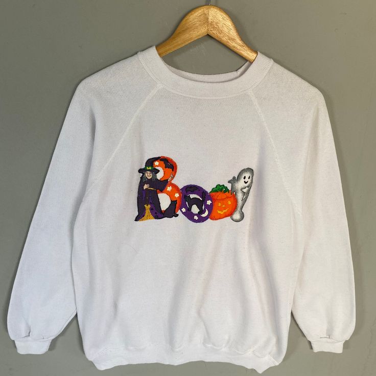 Vintage Hanes Tag BOO Spellout Printed Big Logo Sweatshirt Crewneck Jumper Sweater Halloween Design Colour White, Halloween Costume Ideas, Shirt Outfit Ideas