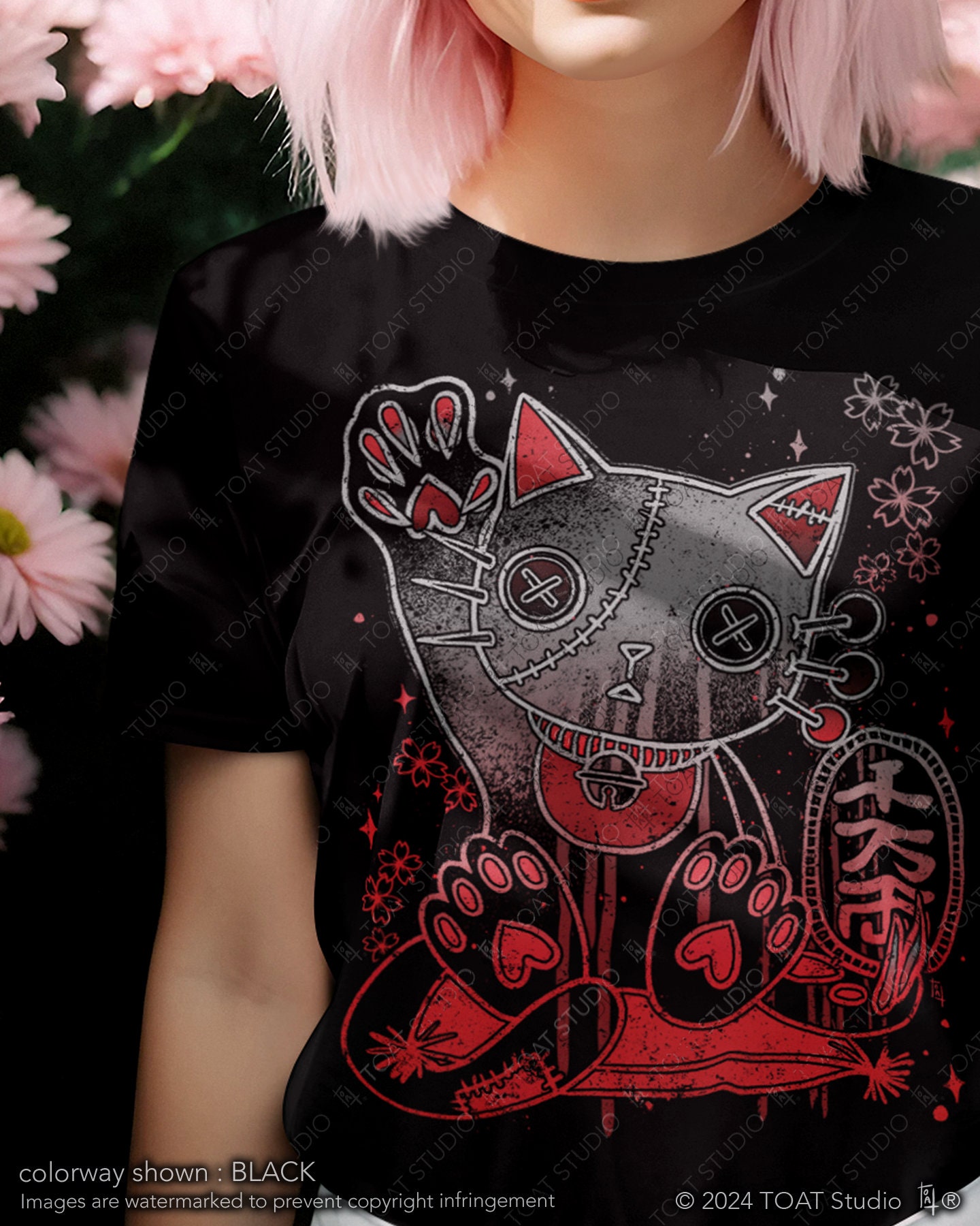 Dark Maneki Neko Unisex T-Shirt, Japanese Lucky Cat, Japan Gift Souvenir, Gothic Kitty, Voo Doo Doll, Edo Asakusa, Sakura Cherry Blossom