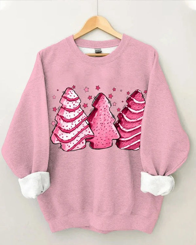 Women’S Pink Christmas Gingerbread Christmas Tree Print Sweatshirt