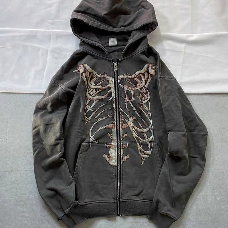 Skeleton Print Oversize Hoodie Women Punk Gothic Streetwear Hip Hop Zipper Sweatshirt