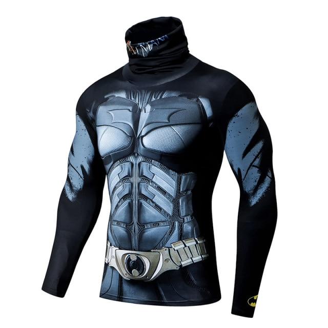 Batman Costume With Face Mask Quick Dry Long Sleeve Compression Shirt