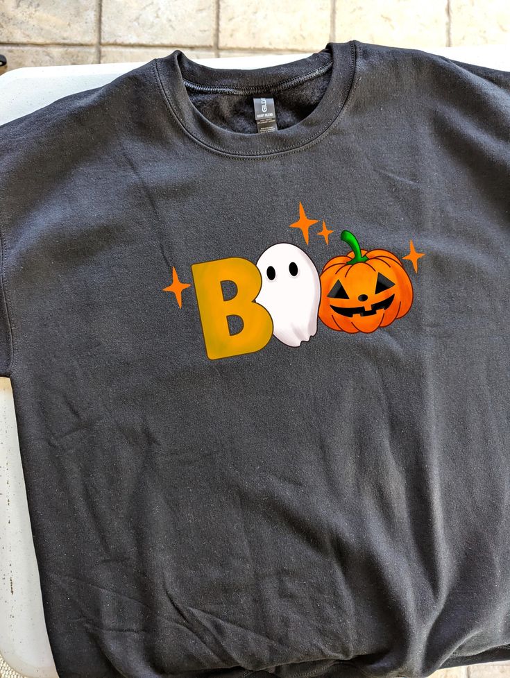 Boo Halloween Sweatshirt | Ghost & Pumpkin Graphic Pullover | Spooky Fall Sweatshirt | Halloween Crewneck | Cozy Halloween Black Outfit