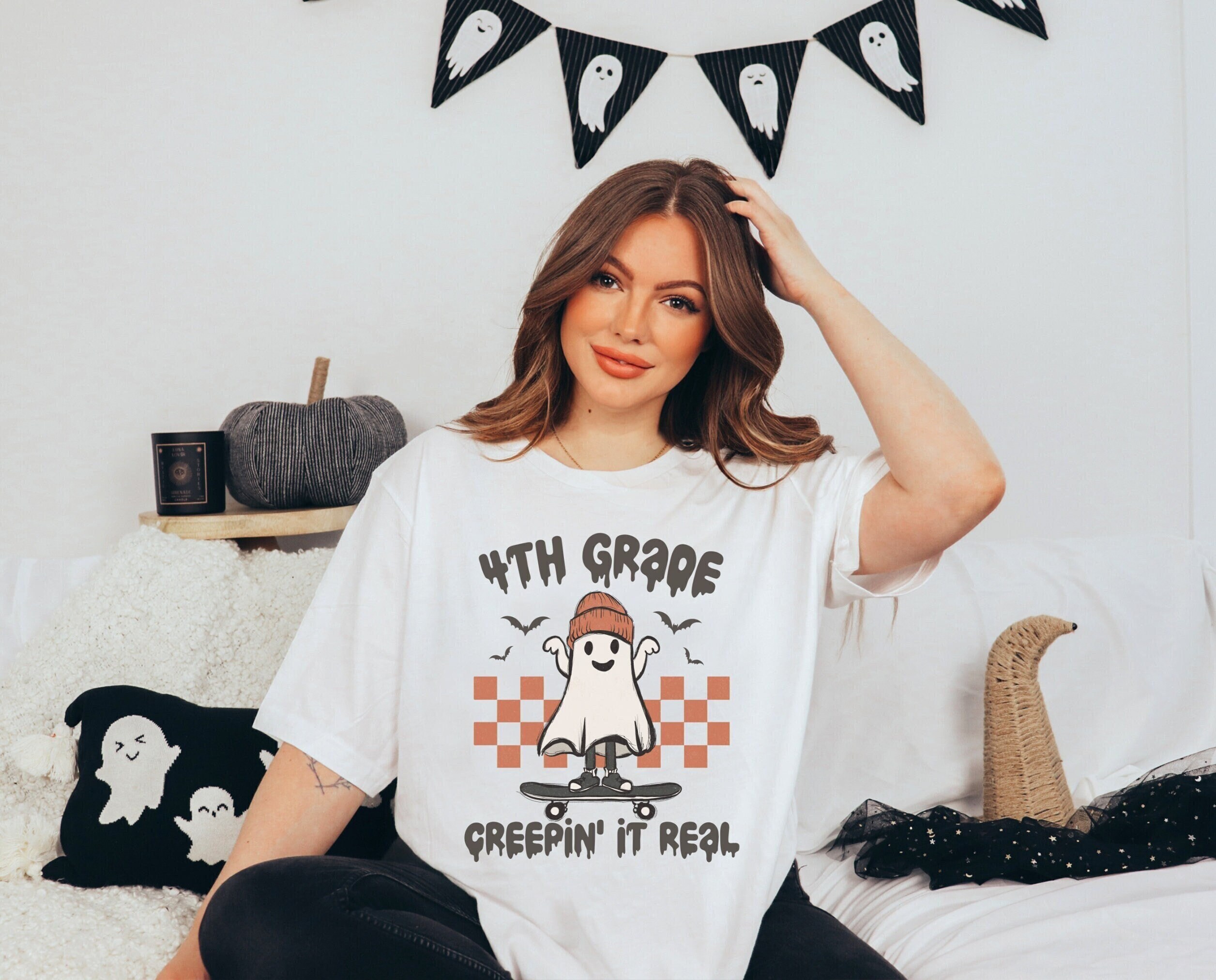 Teacher Halloween Shirt Creep It Real Fourth Grade Teacher T-Shirt 4th Grade Teacher Ghost Shirt Retro Halloween Spooky Season Teacher Gift