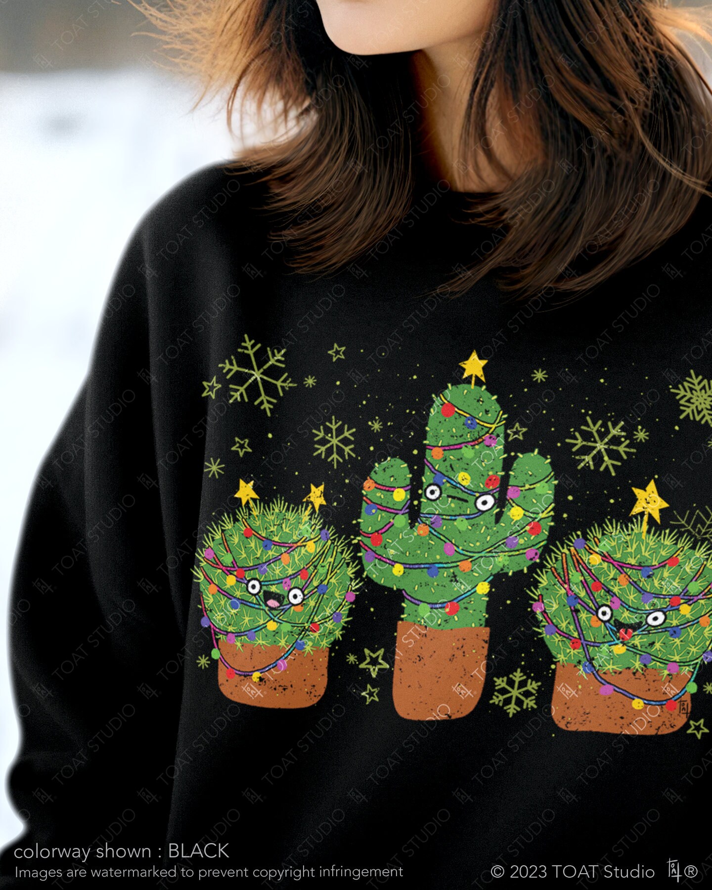 Christmas Cacti Unisex Crewneck Sweatshirt, Christmas Tree Lights, Christmas Cactus, Xmas Cactus Ornaments, Plant Lover Gift, Cute Plant Art