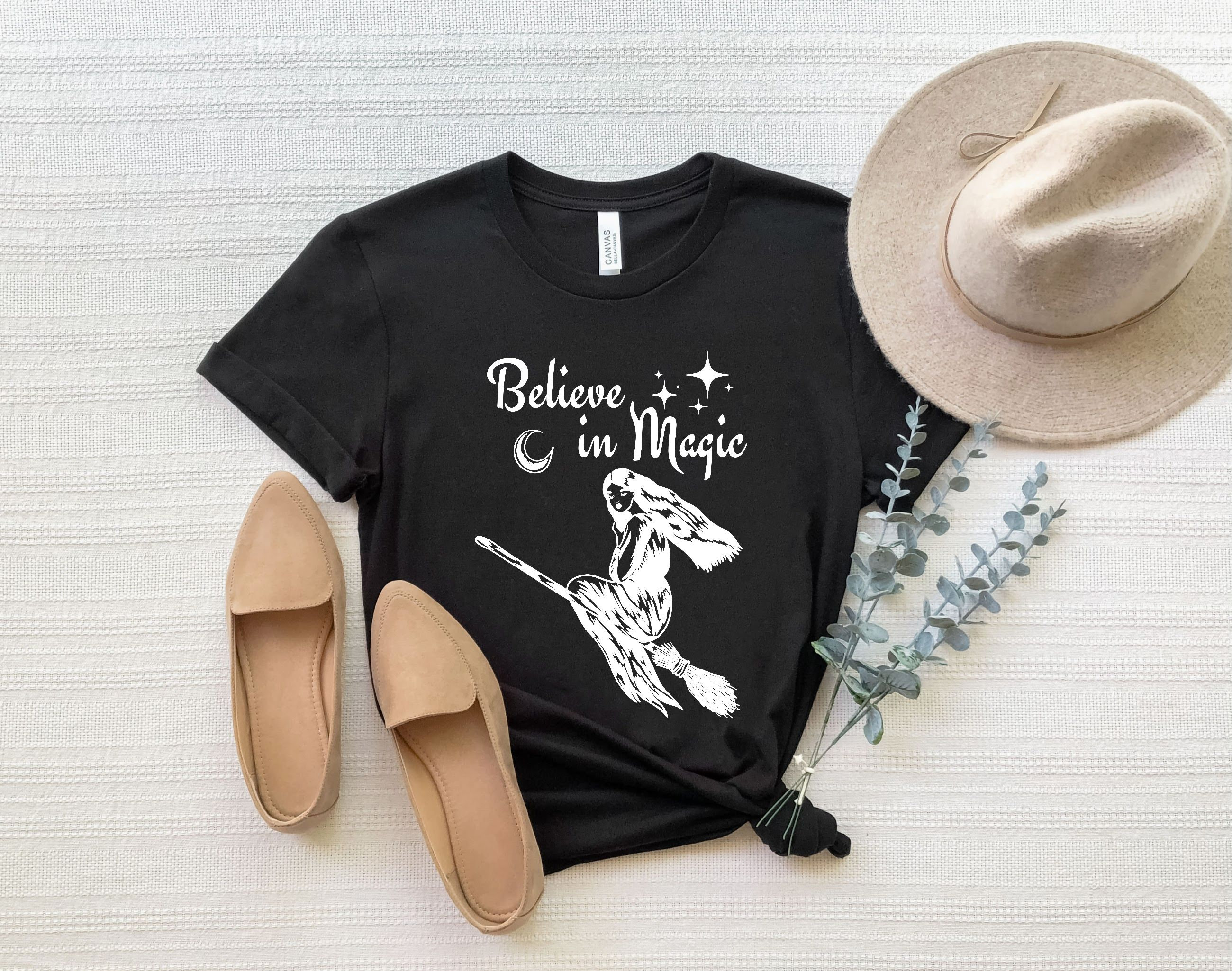 Celestial Witch Tshirt, Believe in Magic Witch Shirt, Moon and Stars Witch on Broom Tee, Magic Witchy T shirt, Cute Witchy Girl Graphic Tee