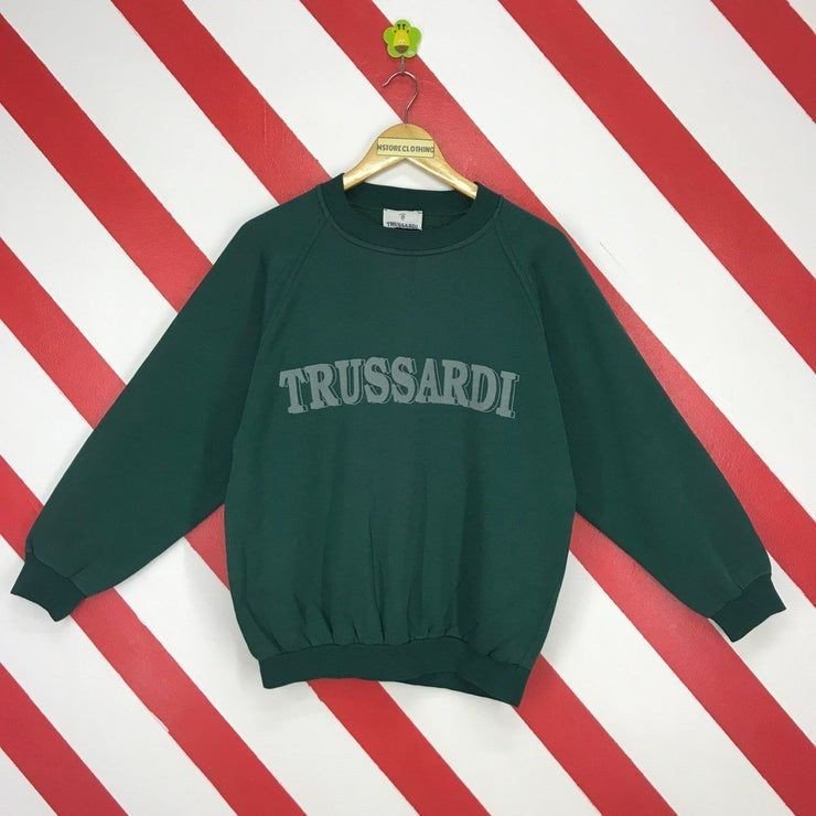 Vintage 90 Trussardi Trussardi Italie Pull Ras Du Cou Unisexe Trussardi Pull Trussardi Spellout Logo Imprim Fonc Vert Taille Shirt