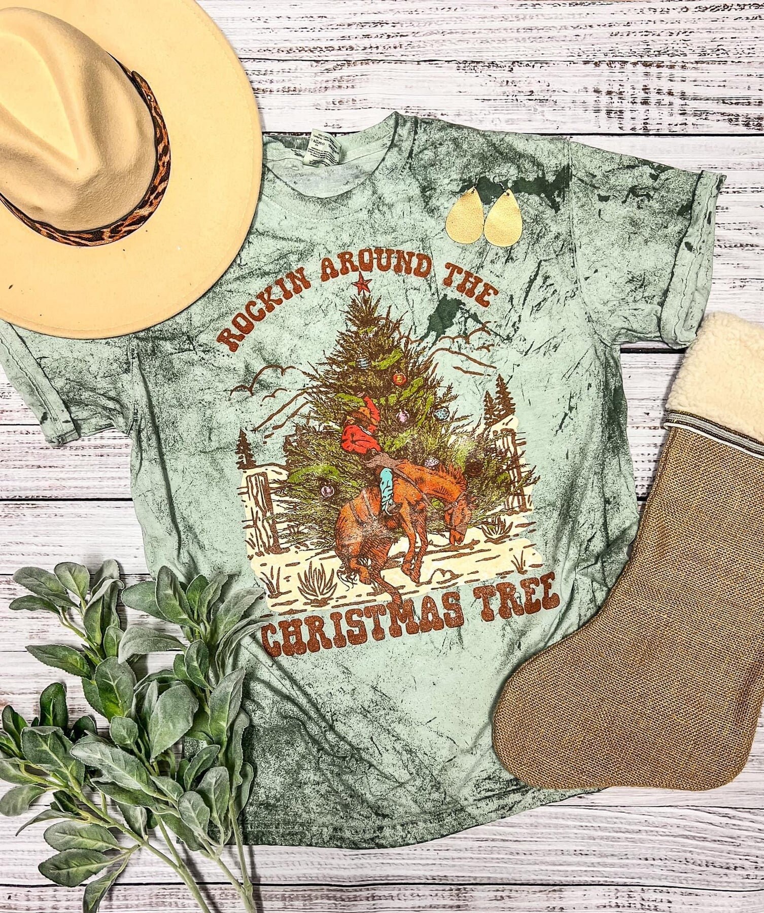 Comfort ColorsÂ® Rockin’ Around The Christmas Tee, Cowboy Christmas, Country Christmas, Western Christmas Tee, Cowboy Holiday Tee