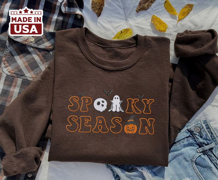 Spooky Season Embroidered Sweatshirt, Halloween Fall Crewneck Ghost Sweater, Autumn Pumpkin Pullover Outfit, Family Matching Halloween Gifts, Halloween Costume Ideas