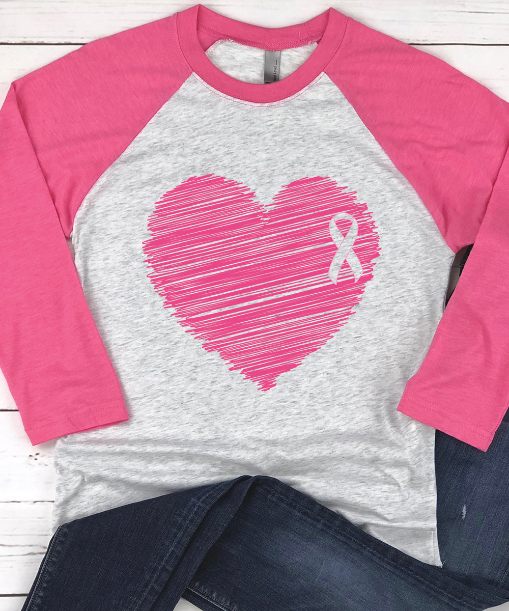 Breast Cancer Heart Ribbon Baseball Tee