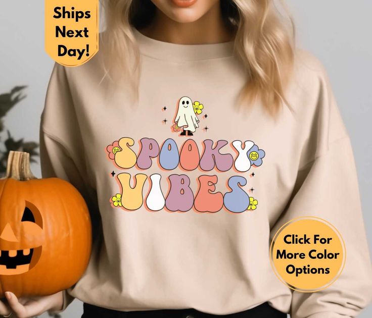 Spooky Vibes Sweatshirt Retro Inspired for Halloween, Vintage Ghost Hoodie, Vintage Hallowen Concept Party Sweatshirt, Floral Ghost Hoodie