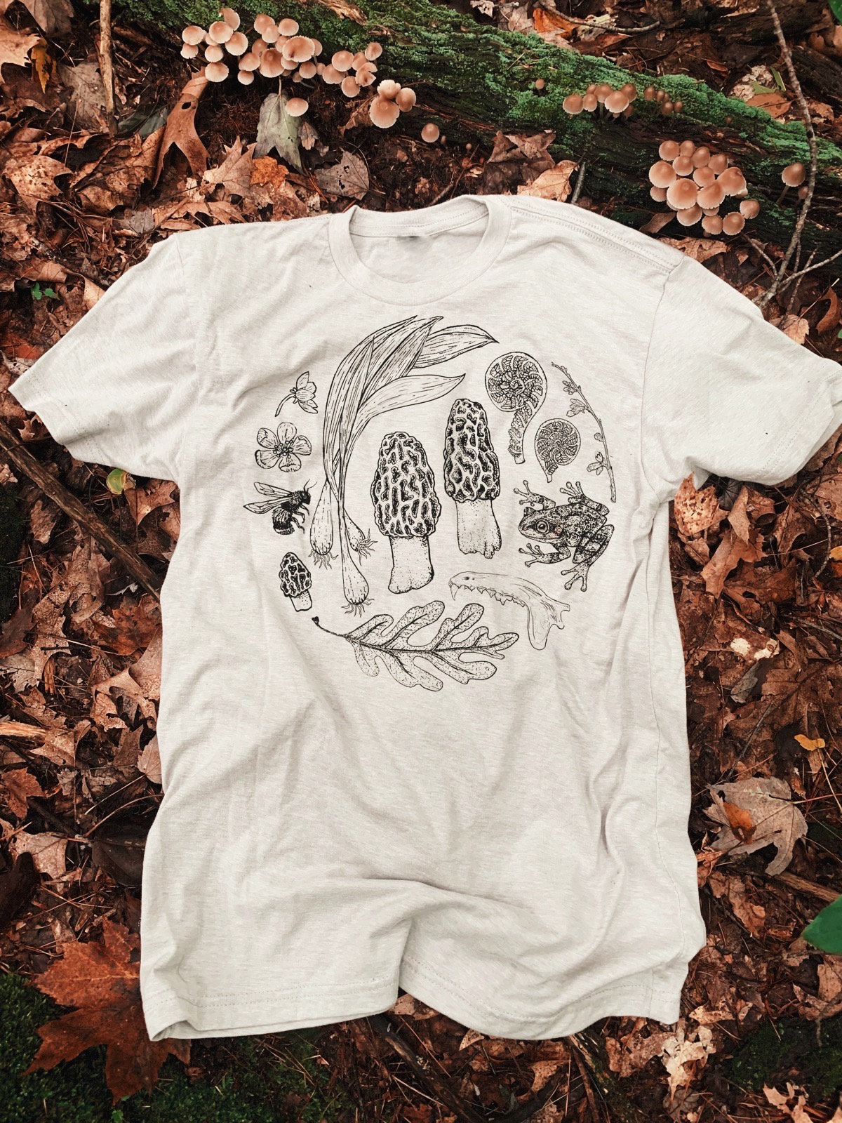 Spring Forager T-Shirt Unisex morel mushrooms leeks honey bee bone naturalist hand printed