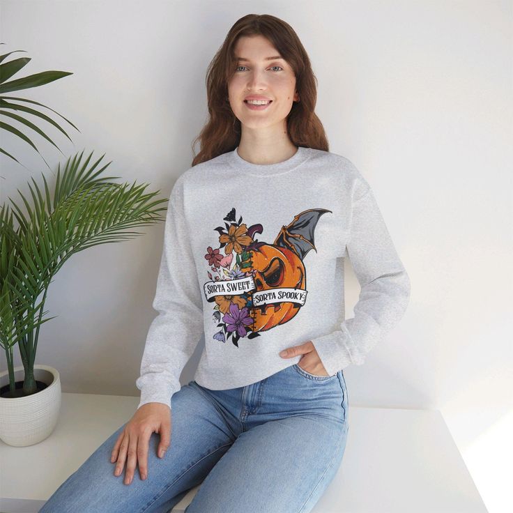 Sorta Sweet, Sorta Spooky Pumpkin Sweatshirt | Floral Halloween Graphic Pullover | Cute and Creepy Fall Sweatshirt for Women, Halloween Costume Ideas