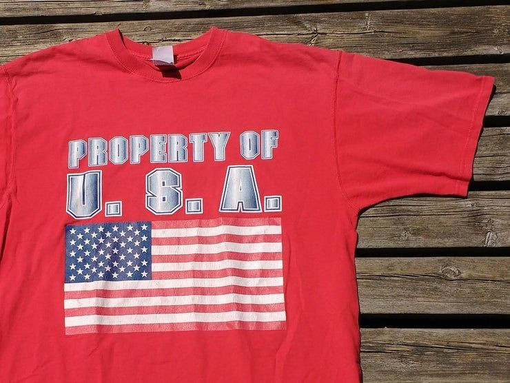 Vintage 90 Property Of U A Ultra Patriotic Red Blue Shirt American Flag Fruit Of The Loom Shirt