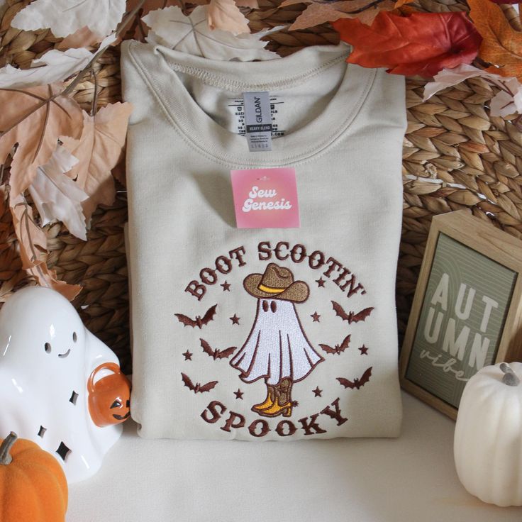 Bootin' Scootin' Spooky Halloween Embroidered Crewneck – Halloween Crewneck, Ghost Crewneck, Halloween Apparel, Western Ghost, Halloween Costume Ideas