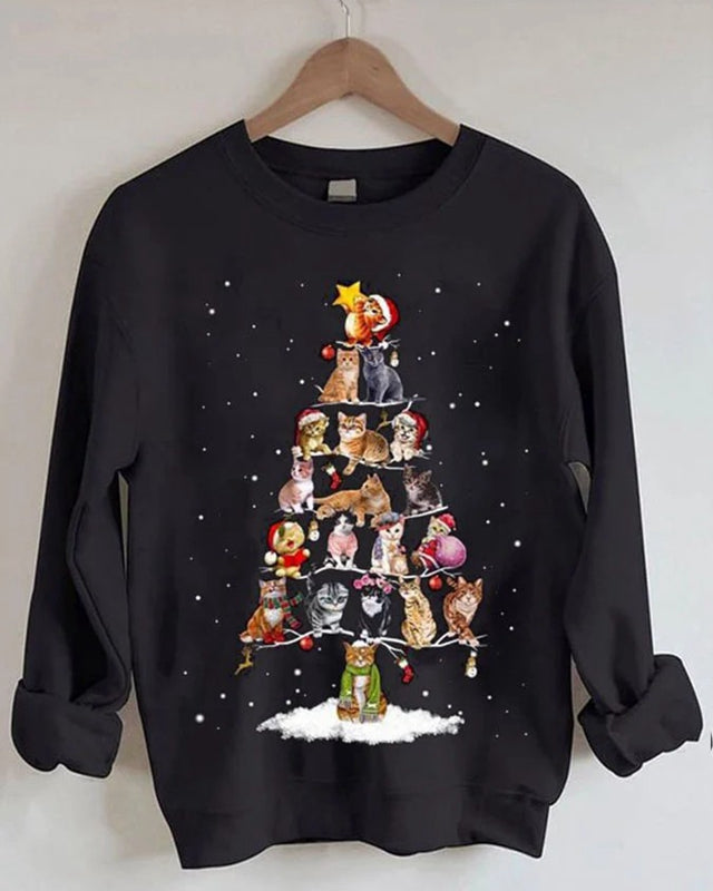 Cat Christmas Tree Print Sweatshirt