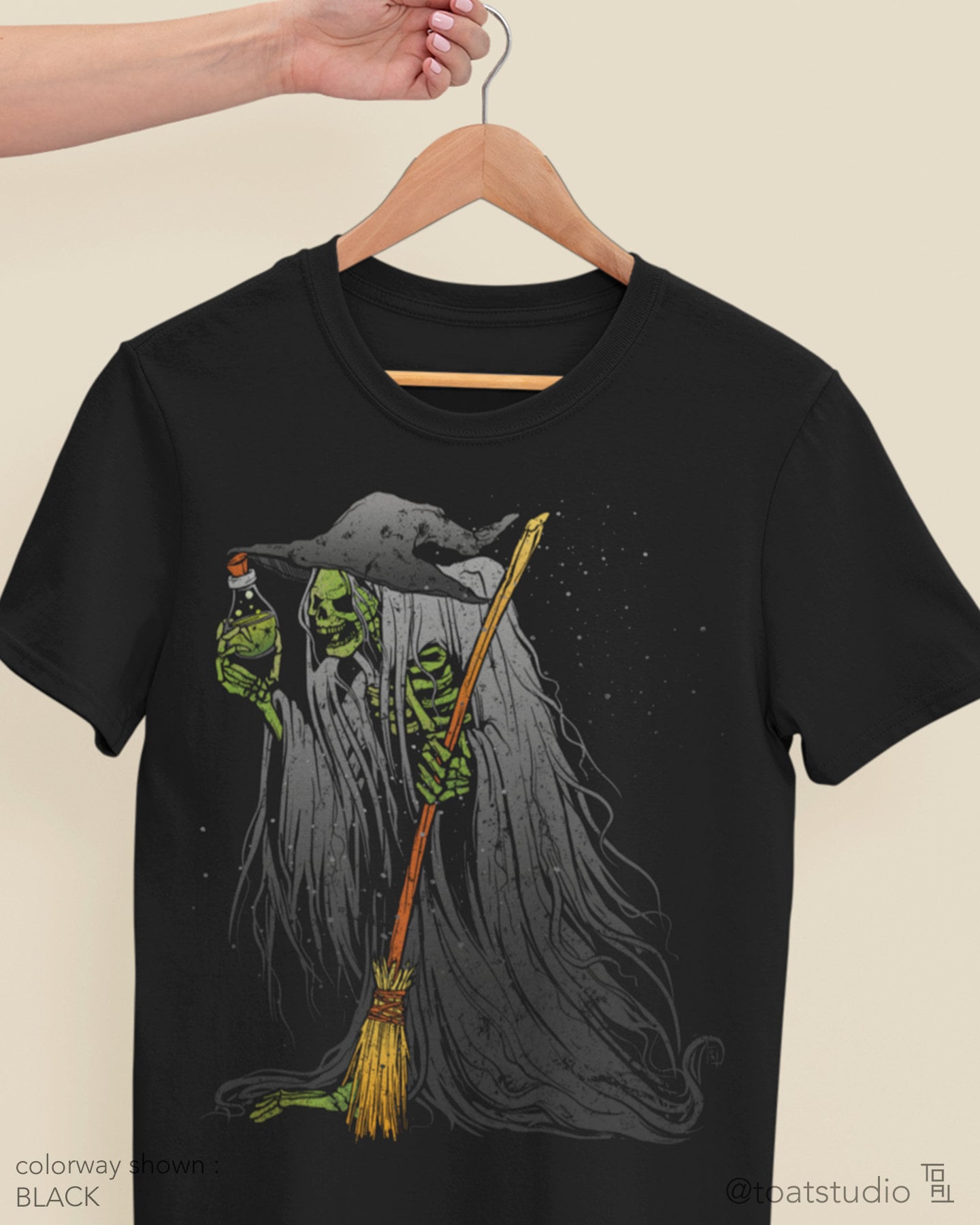 Skeleton Witch Unisex T-shirt, Spooky Halloween Shirt, Hocus Pocus Poison Potion, Spooky Season, Flying Witch, Vintage Scary Witch